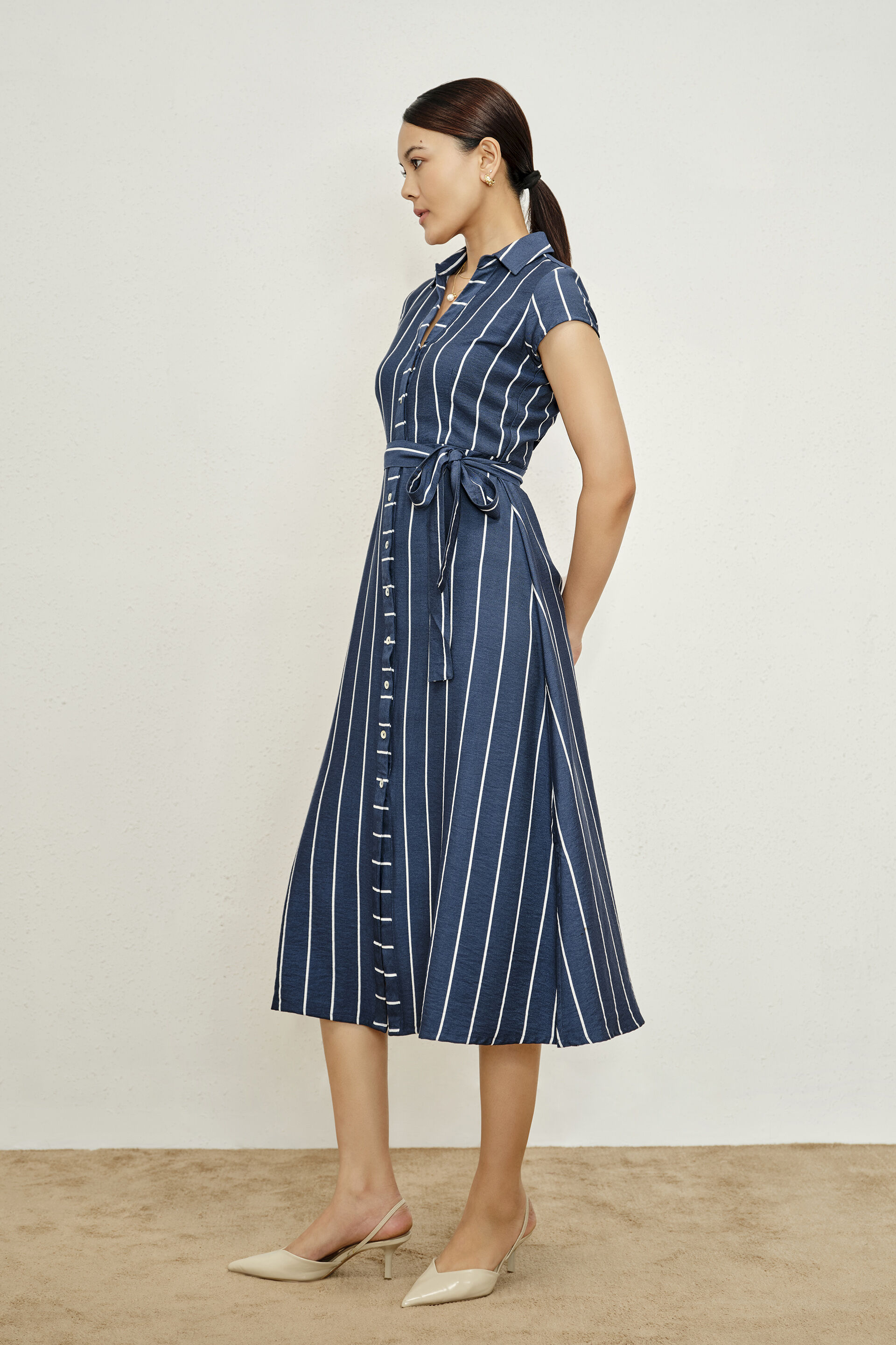 Dina Navy Striped Dress, Navy Blue, image 3